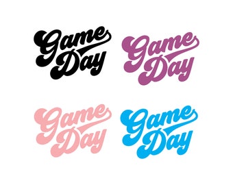 May include: Four variations of the text "Game Day" in a retro font style. The text is in black, purple, pink, and blue.