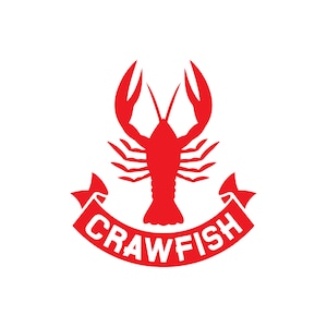 May include: Red crawfish silhouette with a red banner that says "Crawfish" in white text.