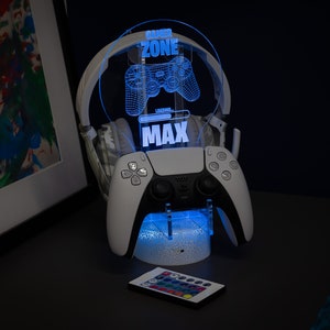 LED Controller Holder and Headset Gaming Station with White Crackle Colour Changing Light Base – Gamer Zone - Gift Idea - Gift for Him