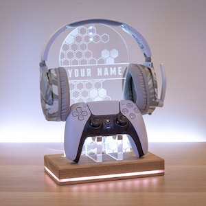 Deluxe Hexagon Name Personalised Headset Controller Stand, RGB LED Gaming Station Controller Stand | Gamer Gift Idea | Headphone Stand