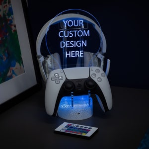 LED Controller Holder and Headset Gaming Station with White Crackle Colour Changing Light Base – Custom Design - Gift Idea - Gift for Him