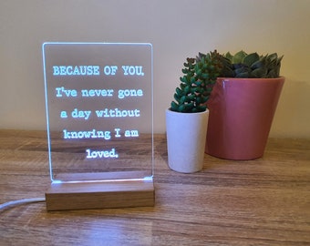 Because Of You – Engraved Edge Lit LED Sign – Father’s Day Gift Idea For Him – Gift For My Father