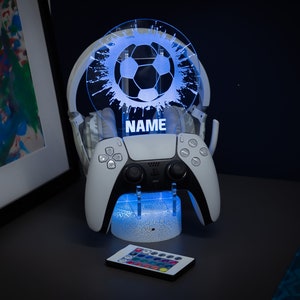 LED Controller Holder and Headset Gaming Station with White Crackle Colour Changing Light Base – Football - Gift Idea - Gift for Him
