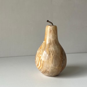 Vintage Marble Pear Paperweight, Polished Onyx with Brass Stem, Mid Century Italian Stone Decor, MCM Desk or Shelf Accent