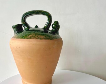 Vintage terracotta water jug, green glaze gargoulette, Mid century Rustic farmhouse pottery, French vintage ceramic, MCM home decor gift