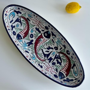 Tunisian Hand Painted Fish Platter | Large Oval Ceramic Dish | Mediterranean Folk Art
