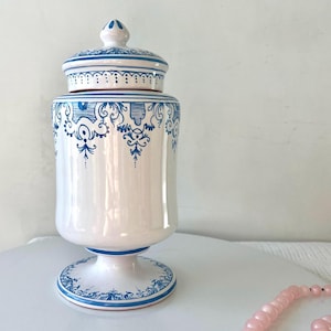French Porcelain Jar Lallier Moustiers Faience Hand Painted Blue Decor Mid Century Lidded Jar Vintage Kitchen Decor