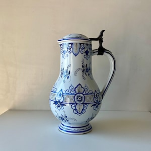 Vintage Moustiers France Faience Coffee Pot, Blue and White Hand-Painted Ceramic with Pewter Lid, French Country Kitchen Decor