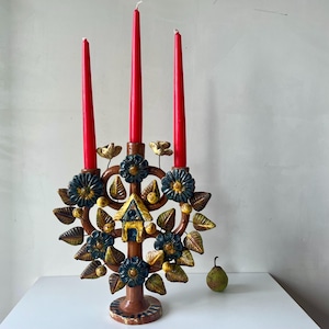 Vintage Mexican Tree of Life Candelabra: Hand-Painted Folk Art Pottery
