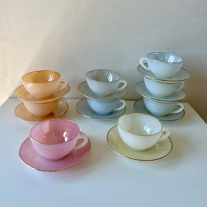 Harlequin Arcopal Cups & Saucers, Iridescent Opal Glass, Gold Rim, MCM French Tableware