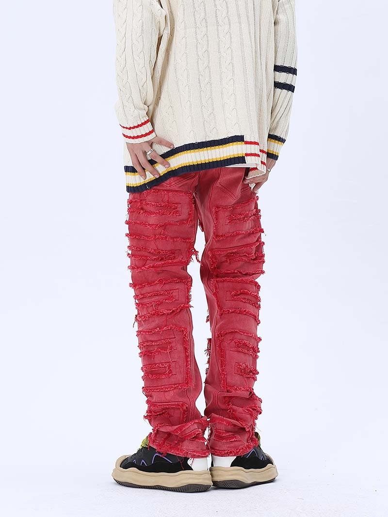 Red Stacked Denim Jeans Streetwear Y2k Distressed Jeans Etsy