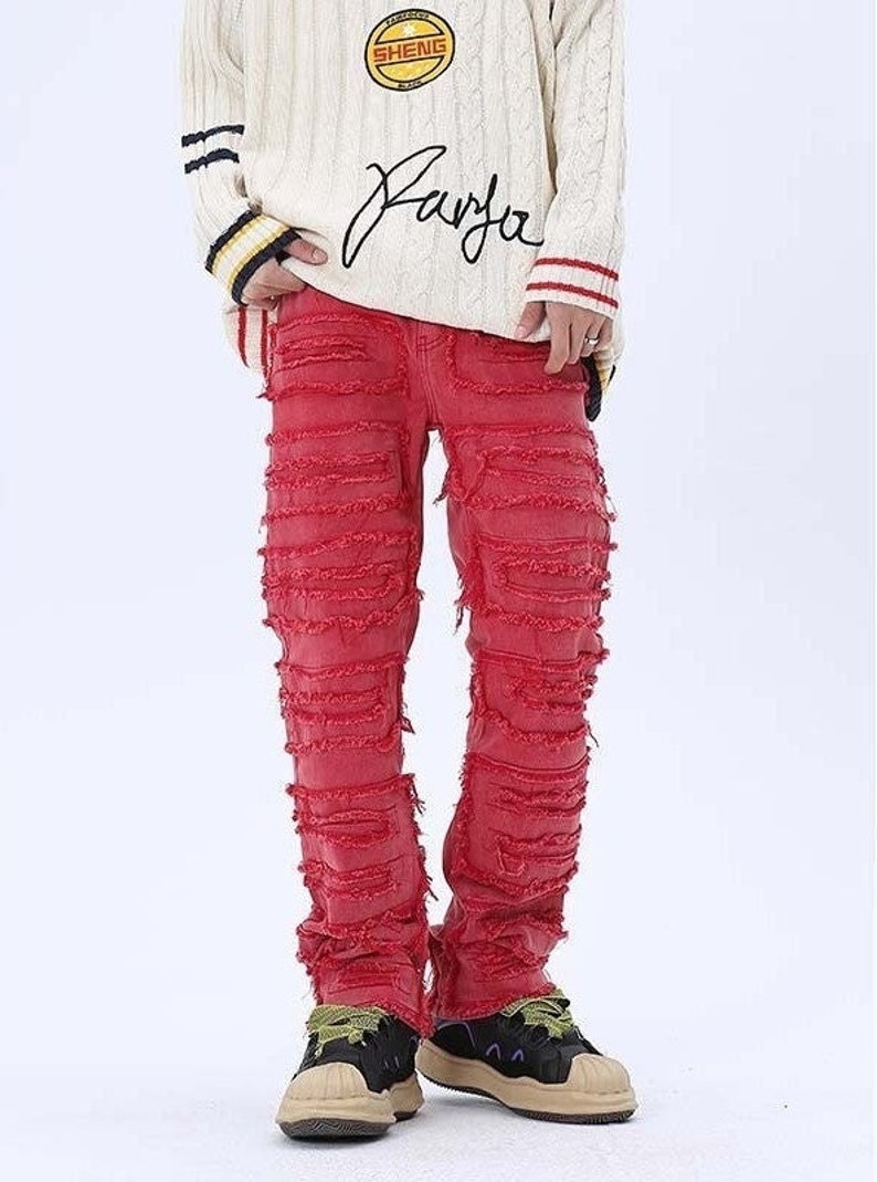 Red Distressed Denim Jeans Stacked Jeans Ripped Jeans Etsy
