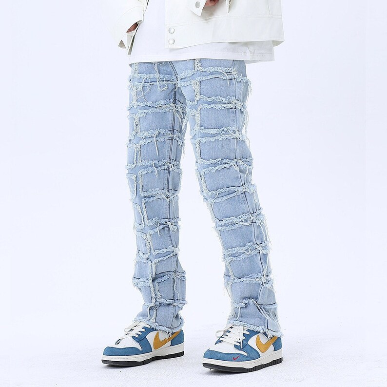 Blue Streetwear Stacked Denim Jeans Y2k Distressed Jeans Etsy