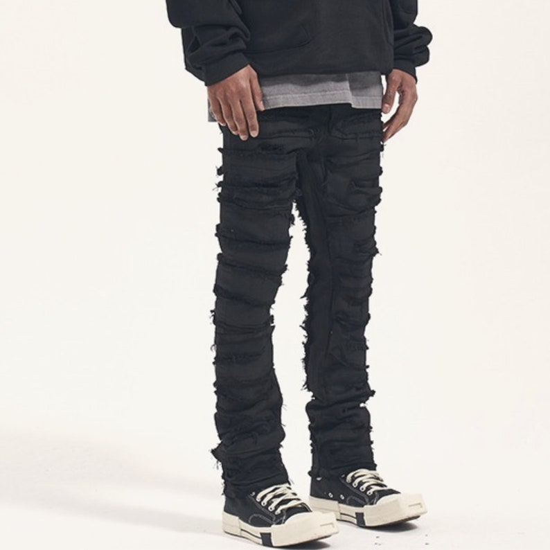 Black Stacked Denim Jeans Streetwear Y2k Distressed Jeans - Etsy