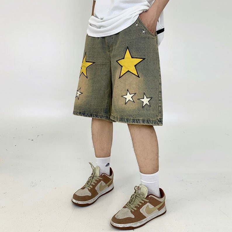 Stars Denim Jeans Shorts, Graphic Painted Shorts, Wide Leg Shorts 