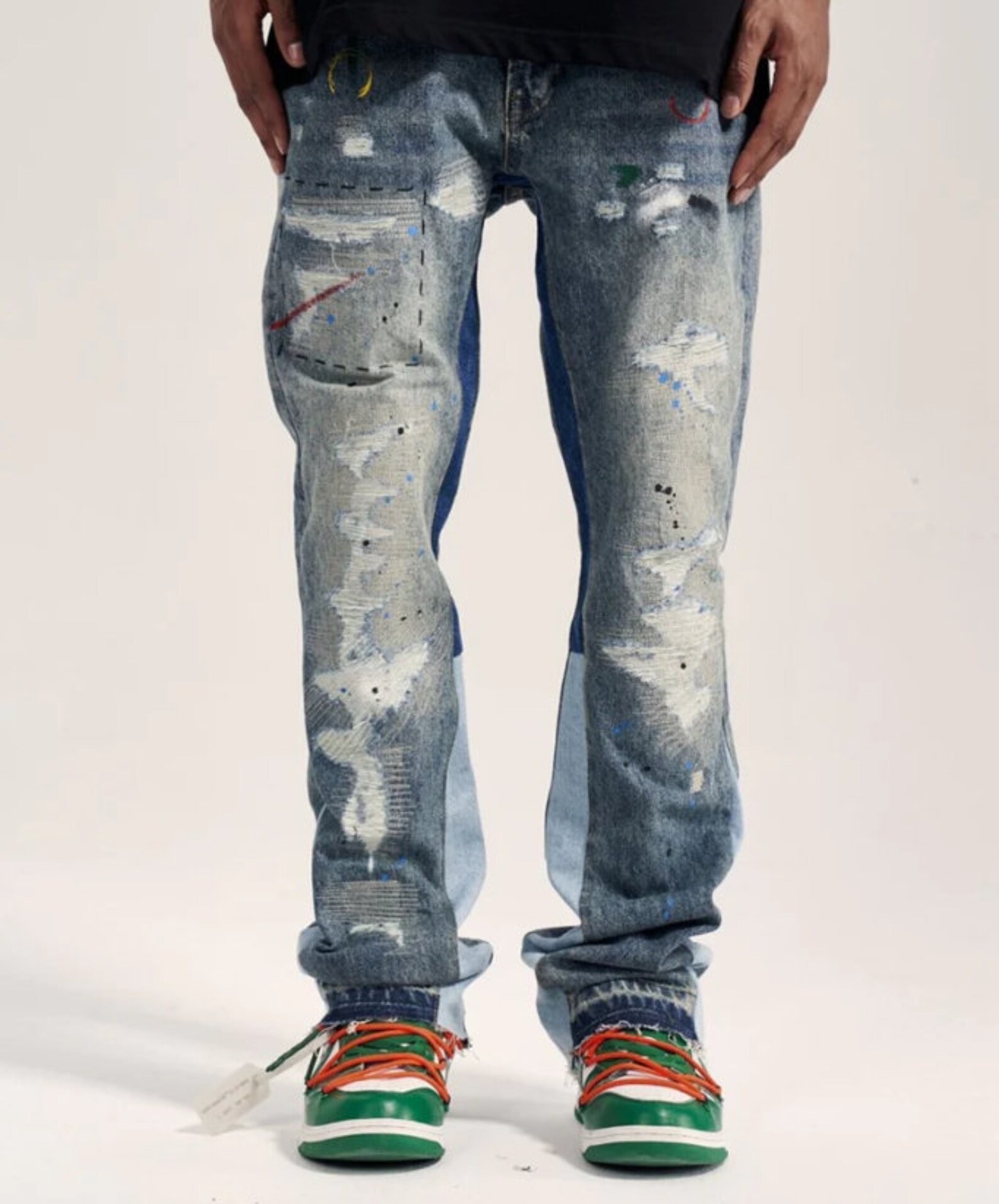 Mens Paint Splatter Flare Denim Jeans Wide Leg Jeans Etsy