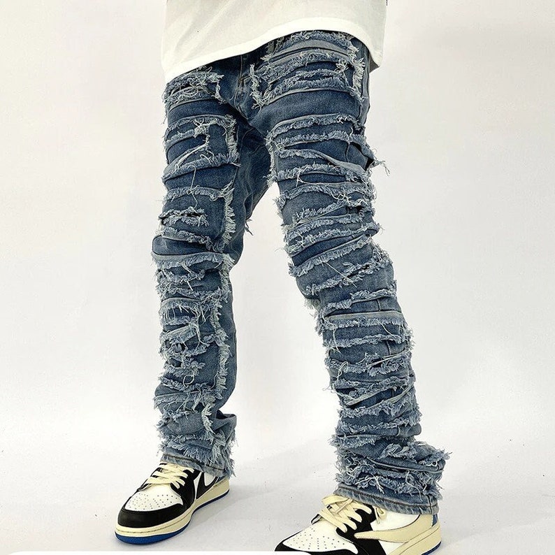 Men Streetwear Stacked Blue Denim Jeans Y2k Distressed Jeans Etsy