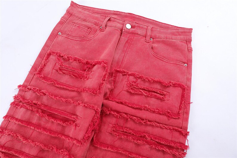 Red Distressed Denim Jeans Stacked Jeans Ripped Jeans Etsy