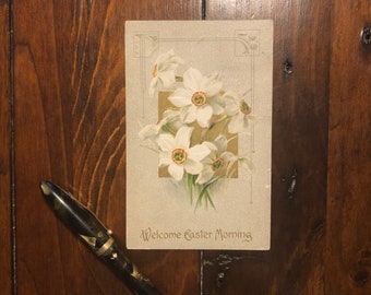 Vintage EASTER German Postcard Gold Embossed with Daffodils - 1909