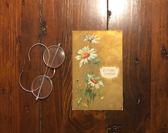 Vintage Gold Embossed Birthday Postcard with Daisies - 1910