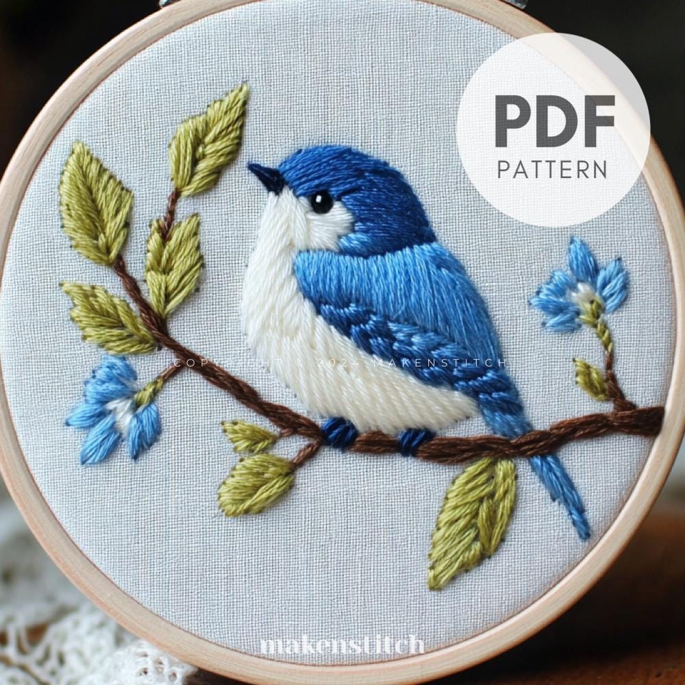 Blue Bird Hand Embroidery Pattern, Spring Bird Embroidery Design