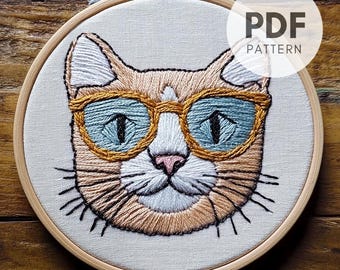 パーティーキャット刺繍パターン：モダンな手刺繍デザイン（デジタルダウンロード）