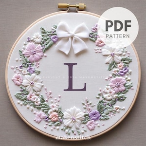 Patrón de bordado floral con la letra L (PDF), diseño de monograma floral bordado a mano, bordado inicial, bordado de primavera, manualidades de primavera DIY