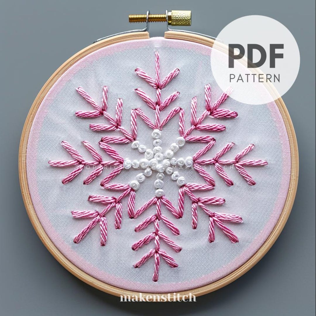 Pink Snowflake Hand Embroidery Pattern, Christmas Embroidery Pattern ...