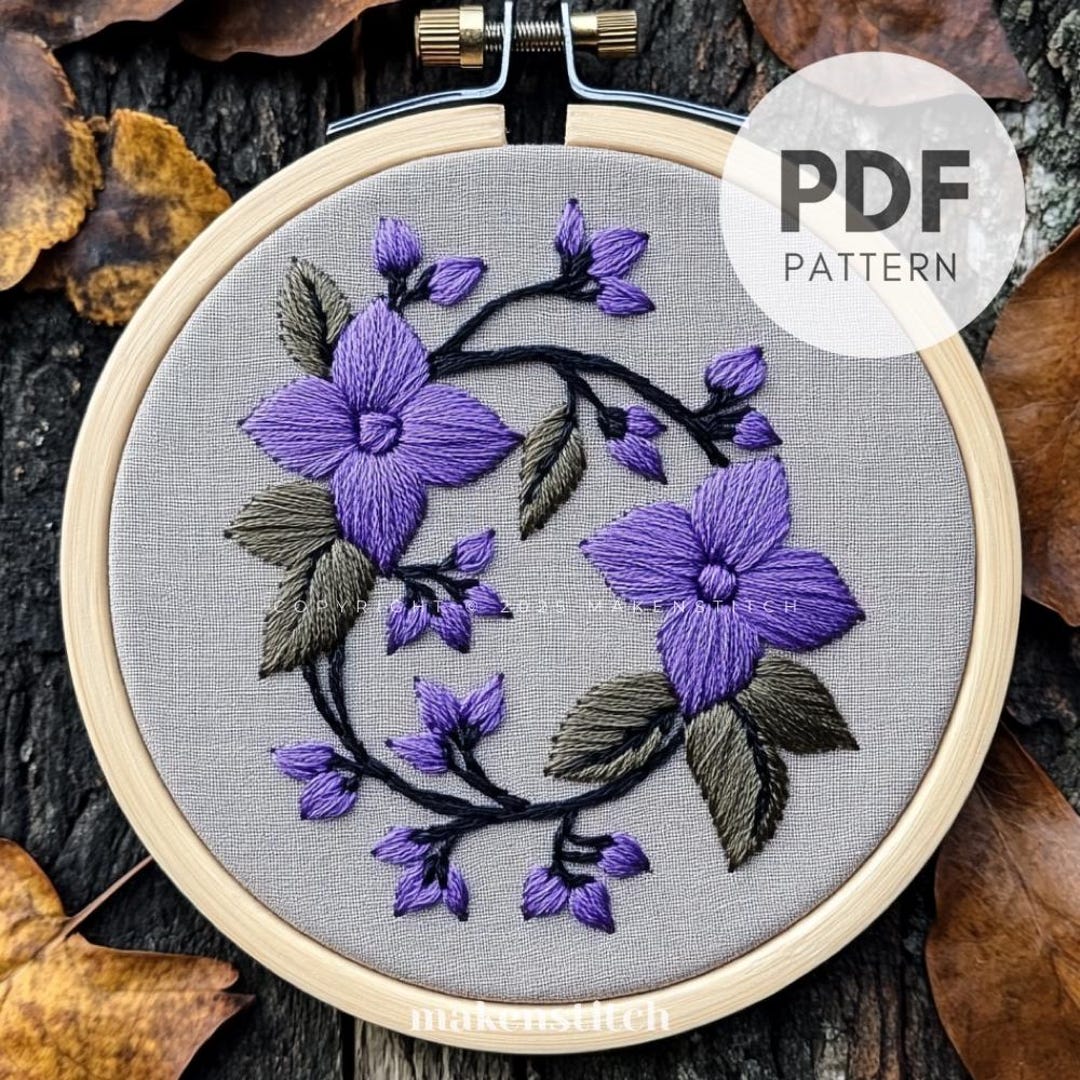Purple Violet Flower Embroidery Pattern PDF, Gothic Floral Hand ...
