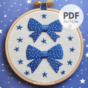 Polka Dot Bow Embroidery Pattern, Hand Embroidery, PDF pattern, Embroidery Design with Blue Bows, Coquette Embroidery, Nursery Embroidery