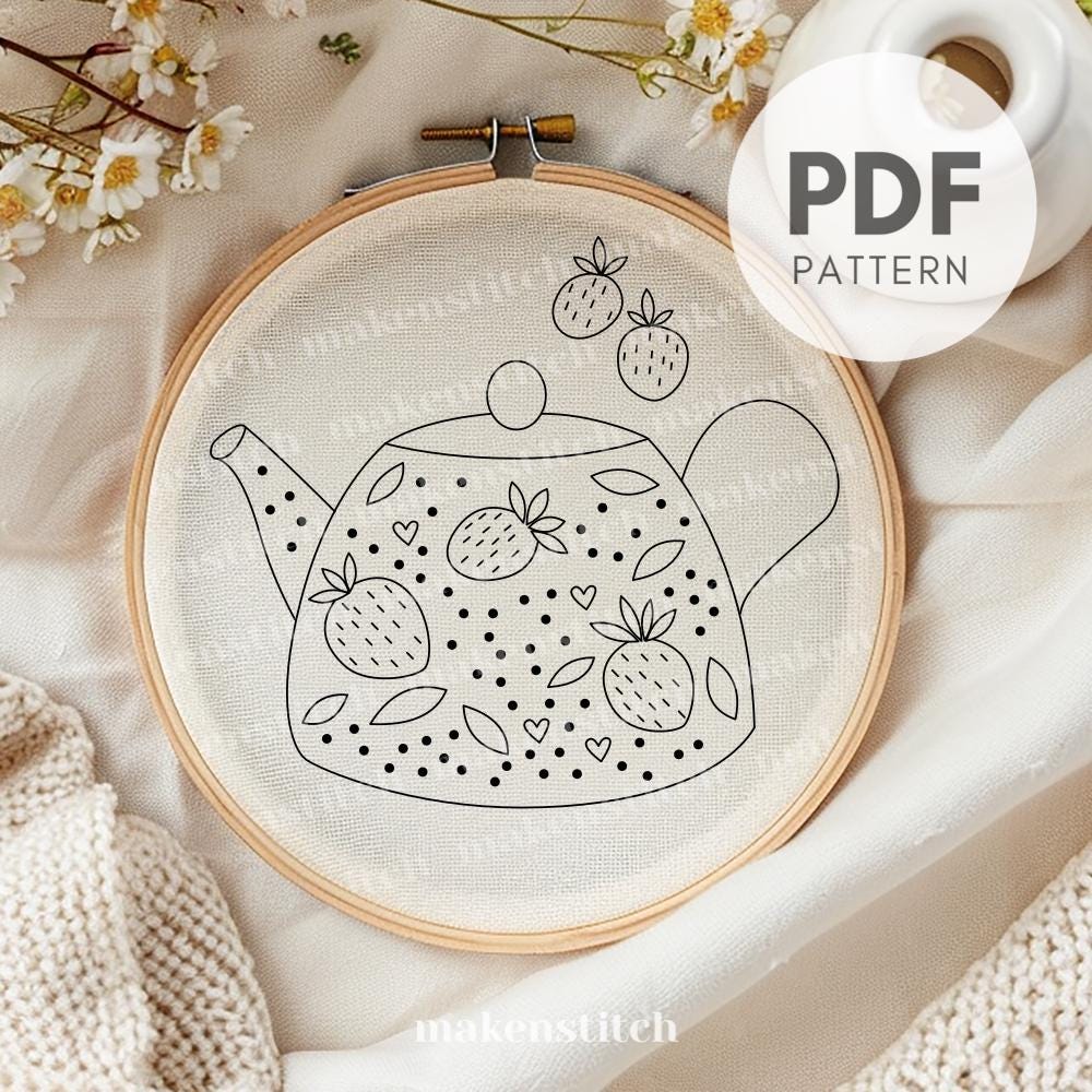 ストロベリーティーポットの手刺繍パターンPDF、かわいいキッチン