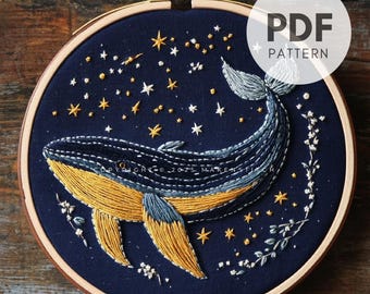 花柄クジラ刺繍パターン、クジラ刺繍、海の生き物、クジラと花の刺繍