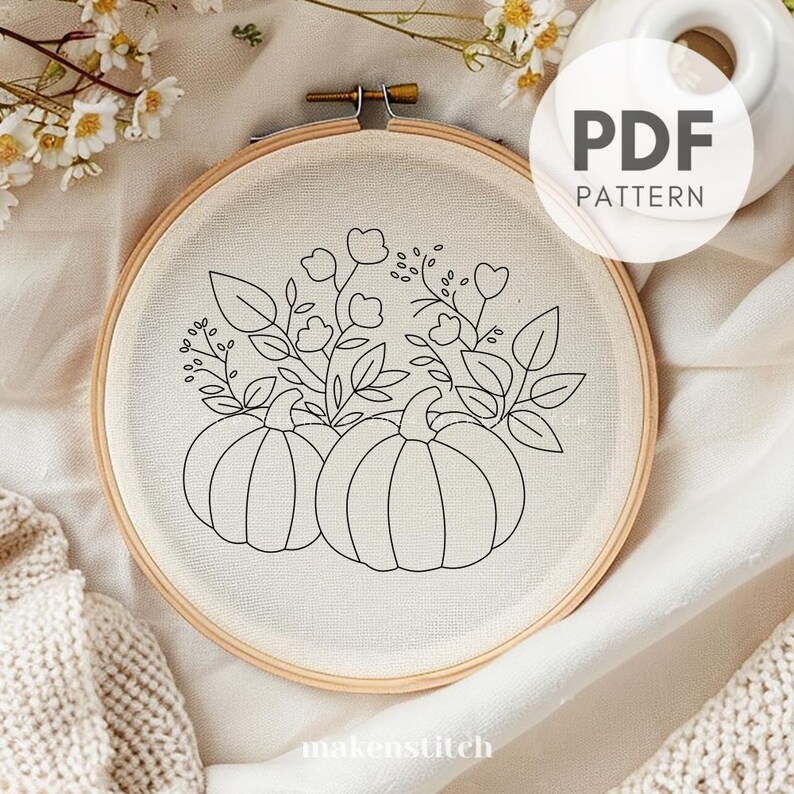 White Pumpkins Hand Embroidery Pattern: Fall Foliage Design (digital ...