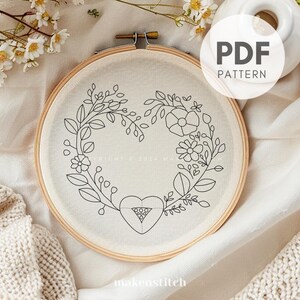 Pink Flower Heart Wreath Hand Embroidery Pattern, Floral Embroidery ...