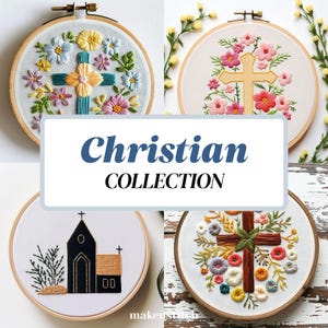 Puede incluir: Cuatro diseños de bordado en aro con temas cristianos. Los diseños incluyen una cruz con flores, una iglesia y dos cruces con flores. Los aros son todos de madera y tienen un fondo blanco.