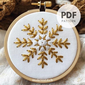 Golden Snowflake Hand Embroidery Design, White and Gold Snowflake Embroidery Pattern, Christmas Ornament, Holiday Hoop Art, Embroidery PDF