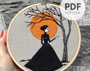 Gothic Witch Embroidery Pattern PDF, Moon Goddess Hand Embroidery Design, Witchy Aesthetics, DIY Spooky Witch Decor, Halloween Gift