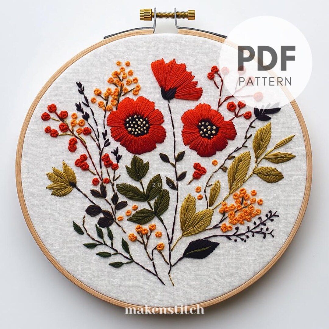 赤い野花の手刺繍パターンPDF、野花の刺繍デザイン、素朴な室内装飾