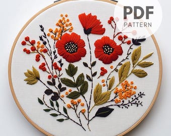 Red Wildflowers Hand Embroidery Pattern PDF, Wildflower Embroidery Design, Rustic Home Decor, Poppy Bouquet Pattern, DIY Handmade Gift Idea
