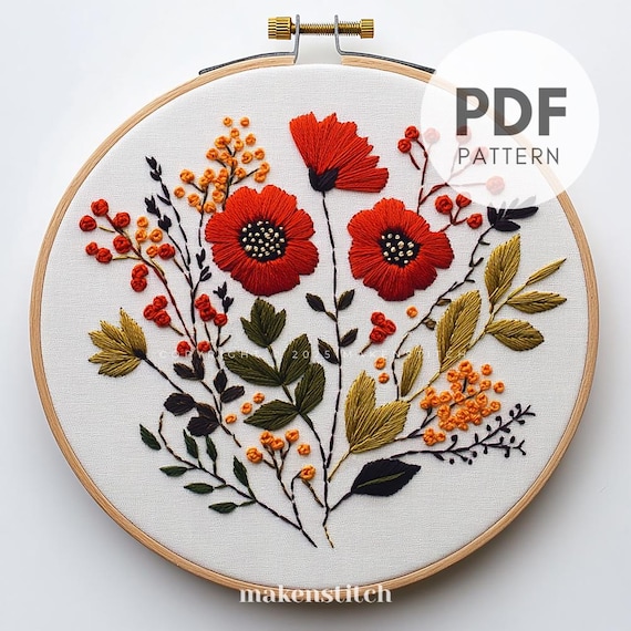 赤い野花の手刺繍パターンPDF、野花の刺繍デザイン、素朴な室内装飾