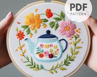 Floral Teapot Hand Embroidery Pattern PDF, Teatime Embroidery, Beginner Embroidery Design, Tea Lover Gift, Kitchen Decor, Cottagecore Design