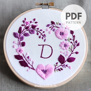 Diseño de bordado de letra D para San Valentín, bordado de letras personalizado, regalo hecho a mano con monograma, día de San Valentín, patrón de bordado para bodas