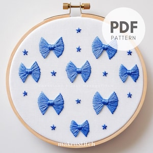 Blue Bows Embroidery, Hand Embroidery, PDF template, Baby Boy Nursery Decor, Beginner Embroidery, Coquette Embroidery, DIY Embroidery