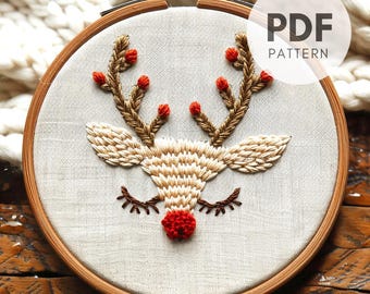 ルドルフのトナカイ刺繍パターン：クリスマスの手刺繍（PDFダウンロード）