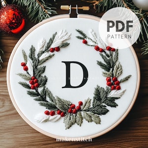 Padrão de bordado de Natal da letra D, enfeite de Natal, design de bordado de letras, bordado de monograma, decoração de Natal, PDF de bordado