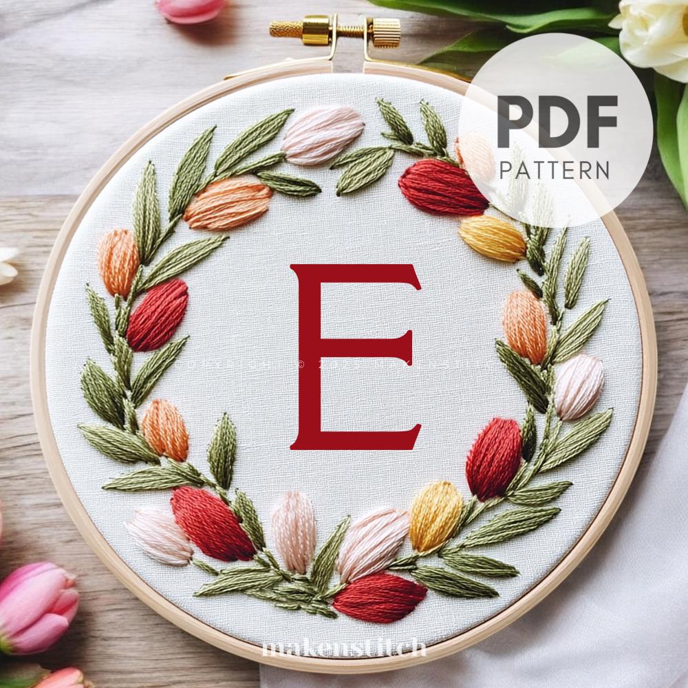 Floral Letter E Embroidery Pattern: Tulip Wreath Monogram (PDF Digital ...
