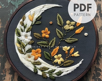 Crescent Moon Floral Embroidery Pattern: Celestial Design (PDF Pattern)