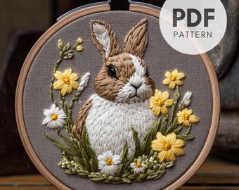 Gebloemd handborduurpatroon konijn: lente-paasontwerp (pdf)
