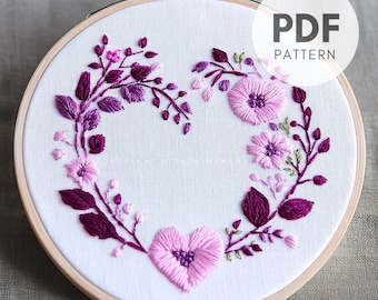 花のハート型リースの刺繍パターン：バレンタインデーDIY（PDF