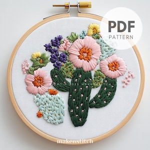 Schema per ricamo a mano di cactus in fiore in PDF, disegno per ricamo del deserto, fiore di cactus, decorazione per la casa nel deserto, regalo per gli amanti delle piante, telaio per pianta del deserto